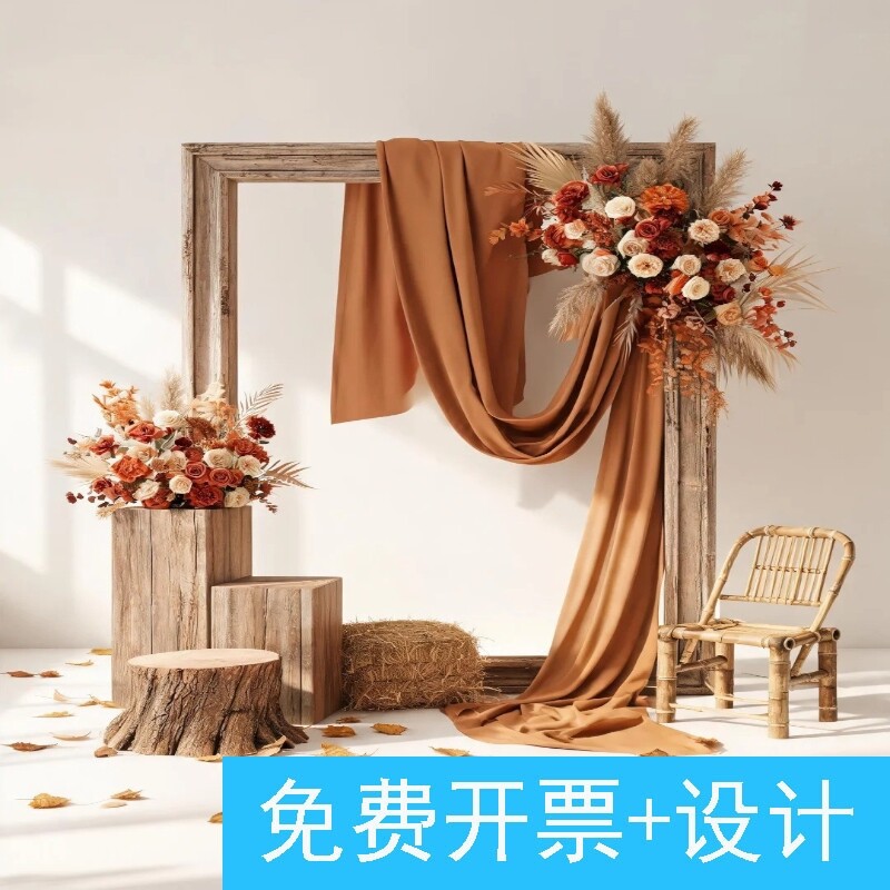 商场秋季橱窗芦苇草堆花艺场景美陈咖啡店焦糖色系高级感相框布置