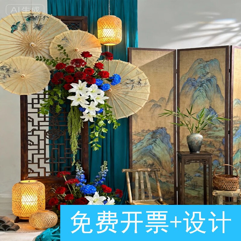 东方美学新中式千里江山订婚布置中式婚礼迎宾区布置屏风油纸伞灯