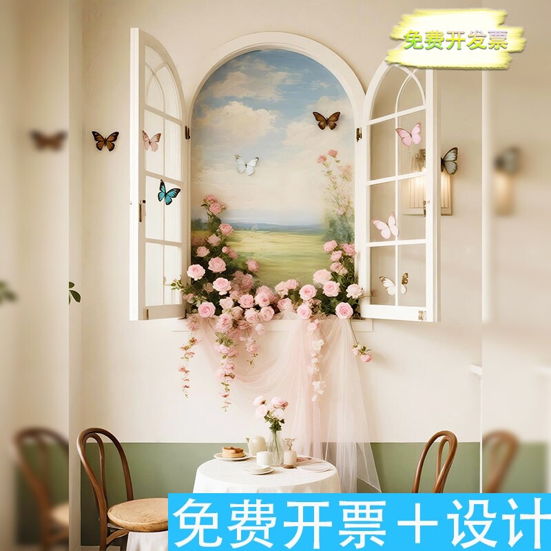 七夕节咖啡店仿真玫瑰花墙