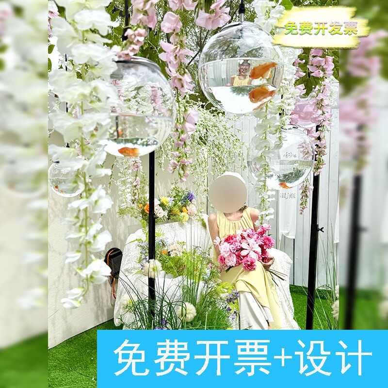 春天咖啡店仿真紫藤花长枝塑料假花拍照布置悬挂玻璃花瓶吊饰装饰