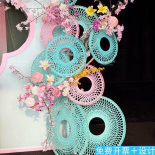 南洋风竹编竹艺装饰摆件花艺材料新中式婚庆道具圆形编织盘粉蓝色