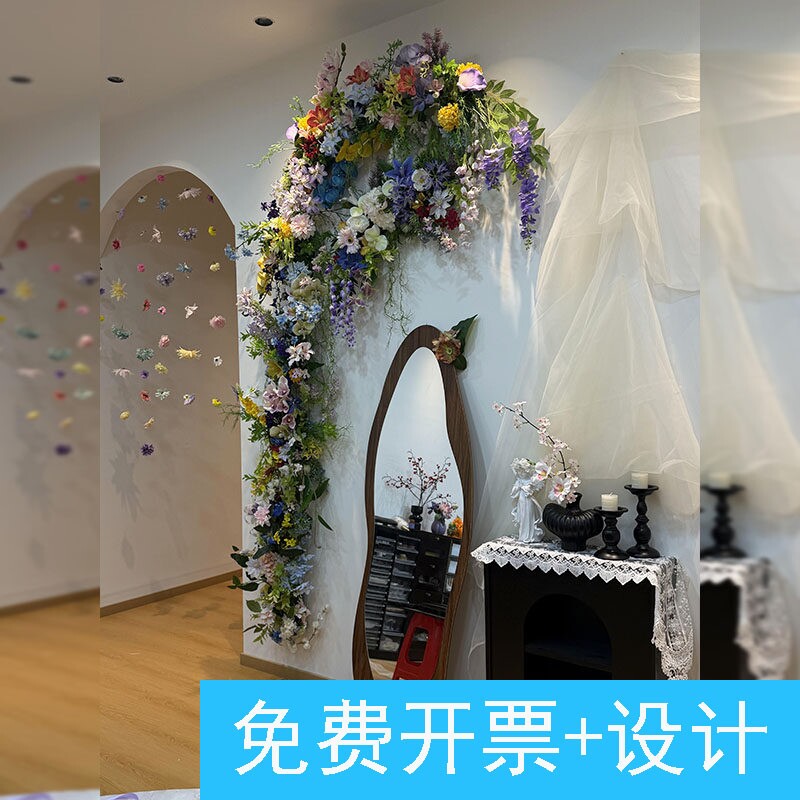 春日美甲店莫奈仿真花排墙面氛围感场景装饰拱门仿真吊饰装饰布置