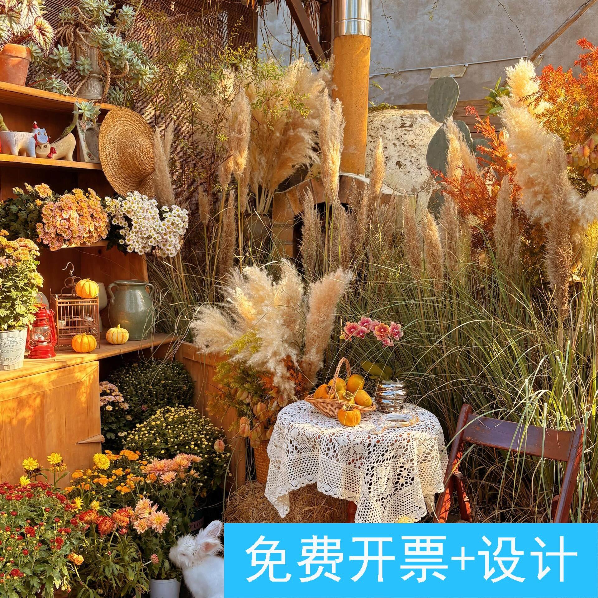 秋收装饰方形草垛仿真南瓜芦苇柿子氛围装饰草堆芦苇造景布置道具
