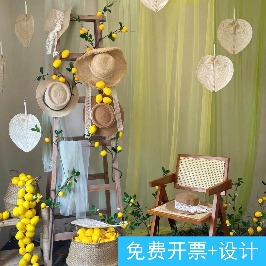 夏日田园风柠檬黄美陈布置室内打卡拍照氛围感背景草帽花篮挂饰