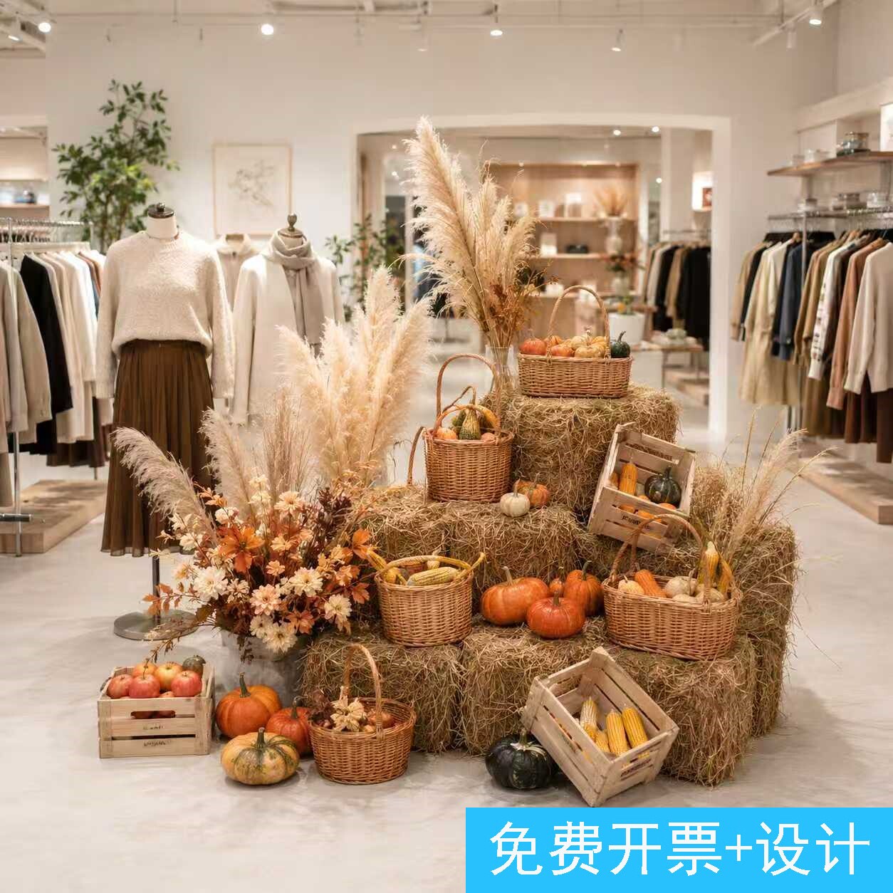 商场服装店铺高级感秋日场景装饰自然风稻草草垛芦苇干花氛围美陈