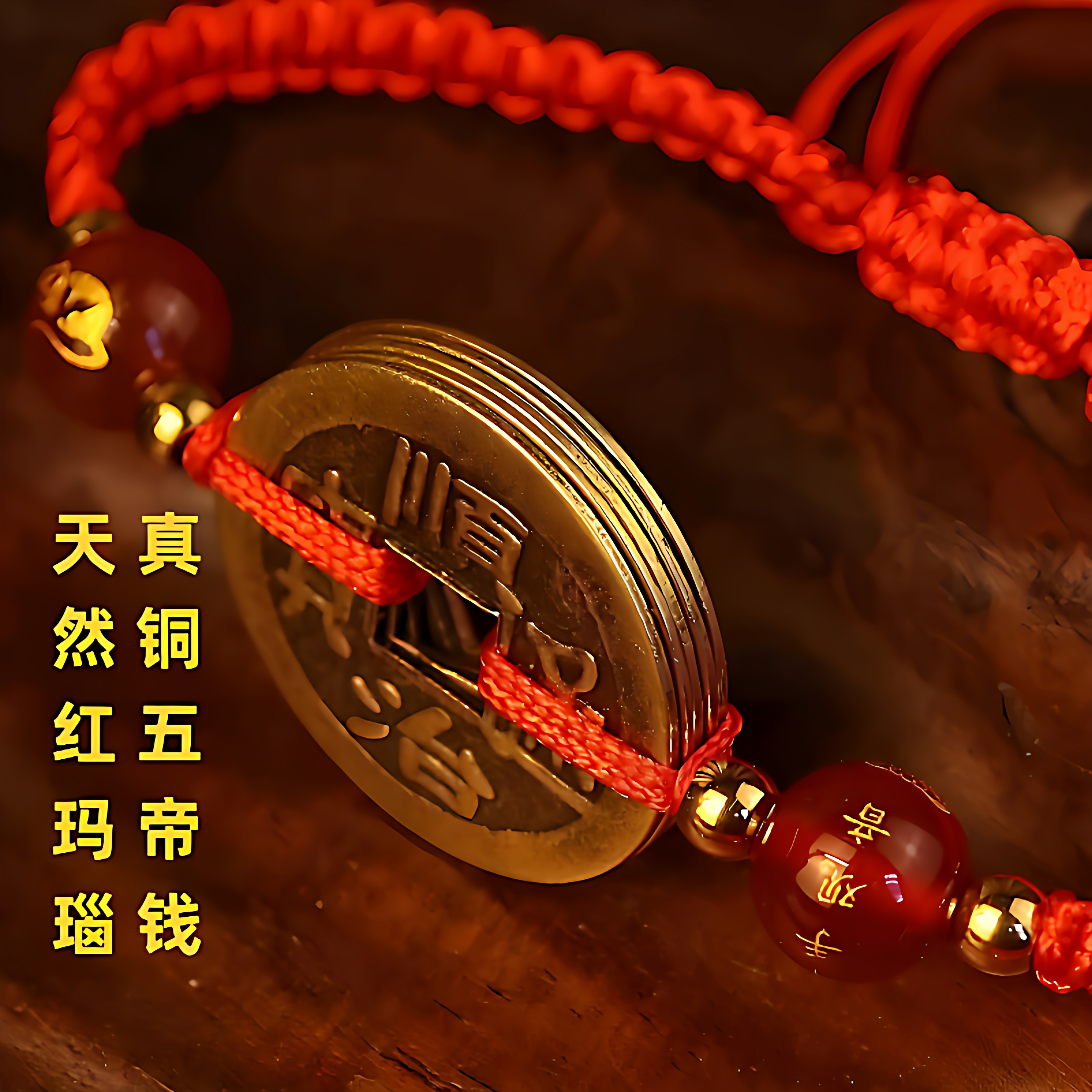 可调节红绳手链本命年十二生肖红玛瑙真铜五帝钱脚链手工编织手绳