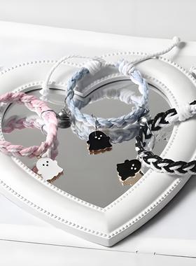 可爱手工编织手链情侣闺蜜一对黑白创意手环可调节高颜值磁吸手绳