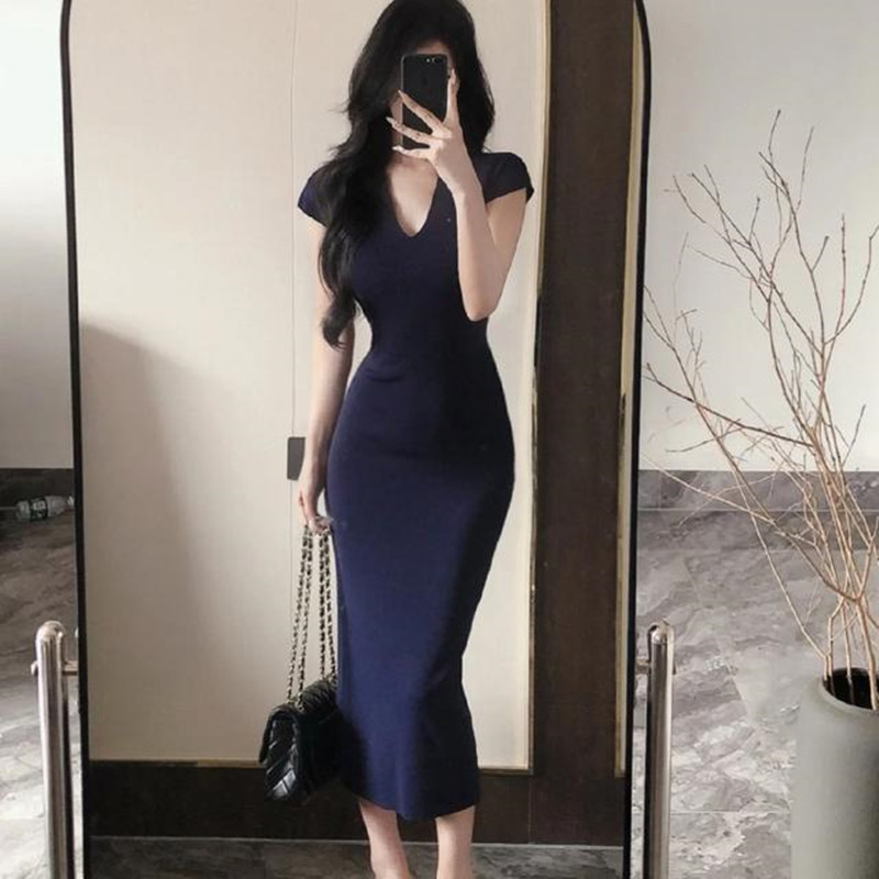 纯欲辣妹v领短袖连衣裙女装夏季性感修身掐腰显瘦针织包臀长裙子