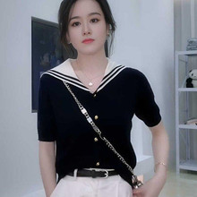 撞色条纹冰丝针织衫短袖女2025新款洋气减龄海军领开衫上衣夏季女