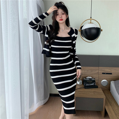 针织条纹法式复古两件套装裙包臀