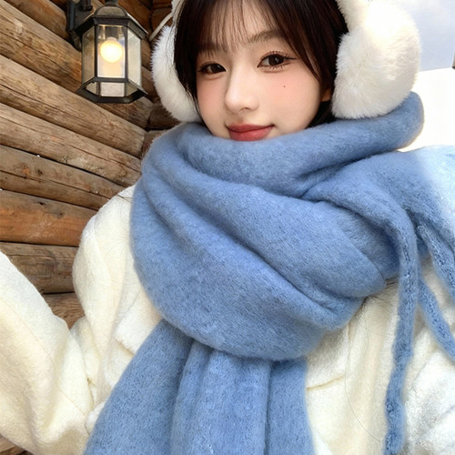【蓝色马海毛】加厚纯色保暖围巾