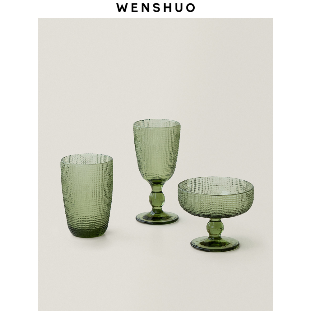 WENSHUO北欧复古绿高脚杯玻璃杯