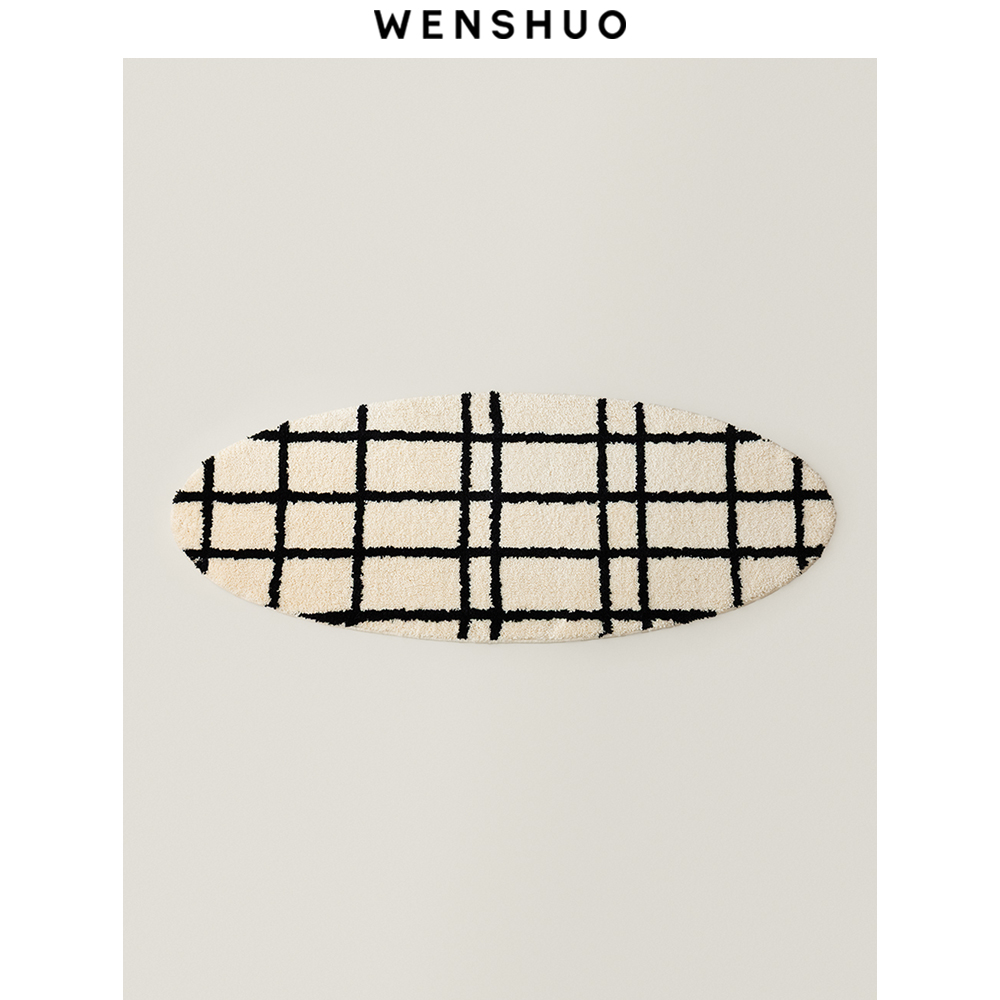 WENSHUO复古格纹椭圆地毯