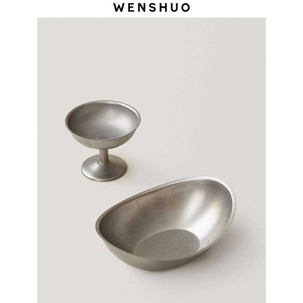 WENSHUO 法式304不锈钢高脚甜品杯复古杯冰激凌布丁船型深碗西餐