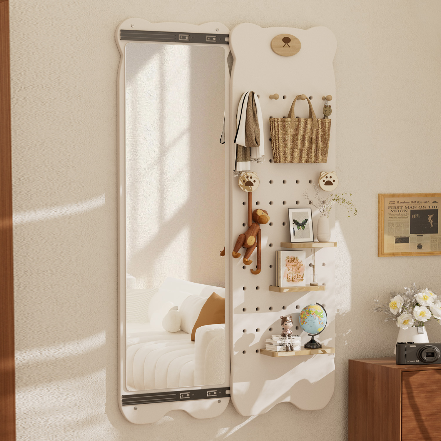2025新款小熊洞洞板穿衣镜壁挂可收纳置物架全身镜公寓出租房家用