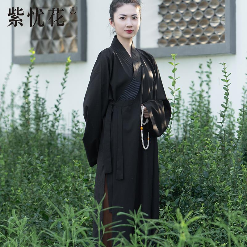 优选紫忧花小袖海青居士服女台湾麻纱禅修海清衣服袈裟男僧服大褂