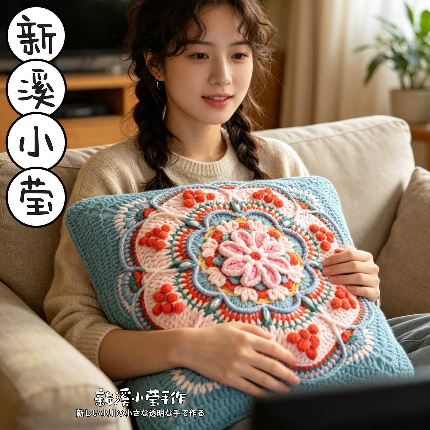 复古曼陀罗钩花手工编织抱枕