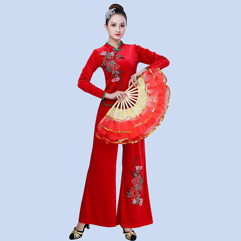 特价广场舞秧歌服装金丝绒套装2023秋冬中老年民族风扇子舞腰鼓演