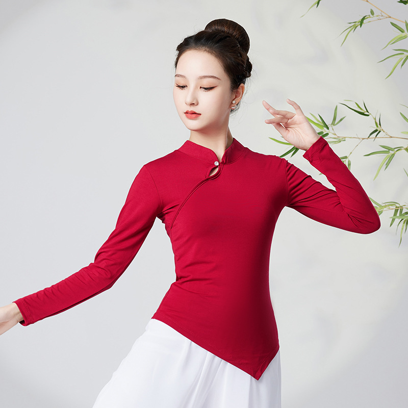 古典舞现代舞蹈服装女旗袍领上衣形体练功服阔腿裤广场舞真丝长裙