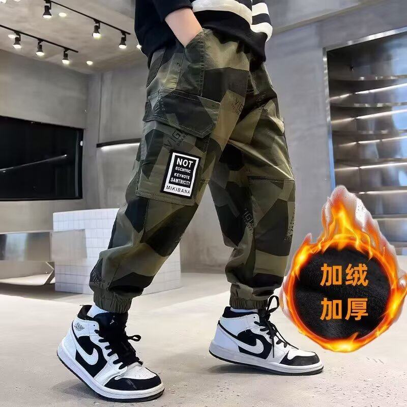 男童迷彩工装裤加绒一体薄绒长裤宽松潮牌纯棉休闲裤军旅风裤子