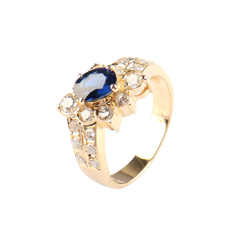 【自营】中古95新日本进口椭圆形切工蓝宝石钻石K18黄金52号戒指