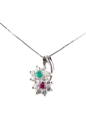 【自营】中古95新日本进口商品2个花形多色彩宝石钻石PT900项链