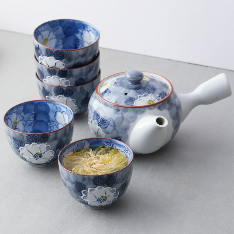 【自营】【6件套】有田烧日本进口一珍山茶花侧把壶茶具茶杯套装