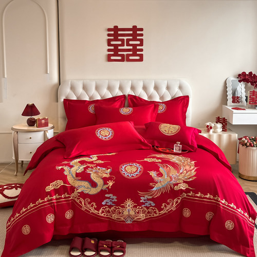 高档婚庆四件套全棉喜庆结婚床上用品纯棉婚嫁新婚礼大红喜被刺绣