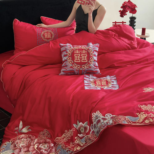 新婚中式双喜刺绣全棉床品四套件