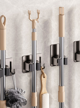 枪灰色拖把壁挂夹挂钩卫生间免打孔多功能墙上不锈钢扫把固定挂架