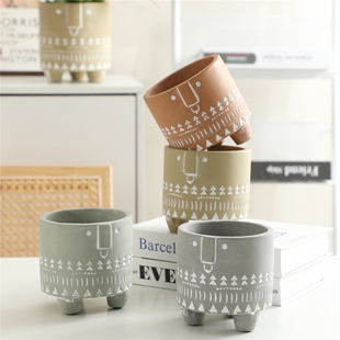 北欧个性 简约ins风抽象人物人脸植物花盆水泥花盆带底孔多肉花盆