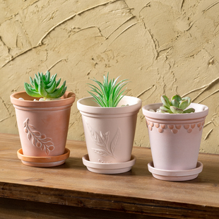 复古做旧浮雕红陶花盆客厅办公桌面多肉植物小花盆透气泥瓦陶土盆