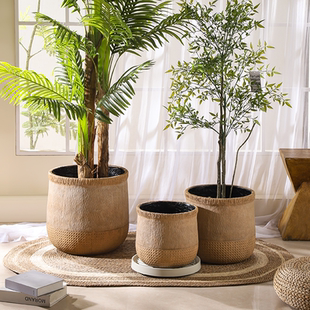 自然原木风半编织篮镁泥花盆客厅商场酒店茶花龟背叶落地大花盆