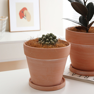 红陶花盆复古手工擦白粗陶透气素烧简约桌面绿植大号圆形陶瓷盆