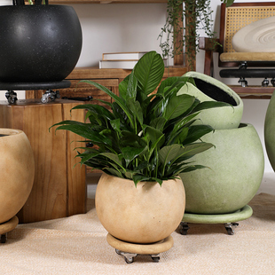 北欧镁泥落地大花盆别墅客厅花园庭院极简圆球型花器民宿软装 摆件