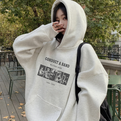 花灰色连帽卫衣美式上衣女士长袖