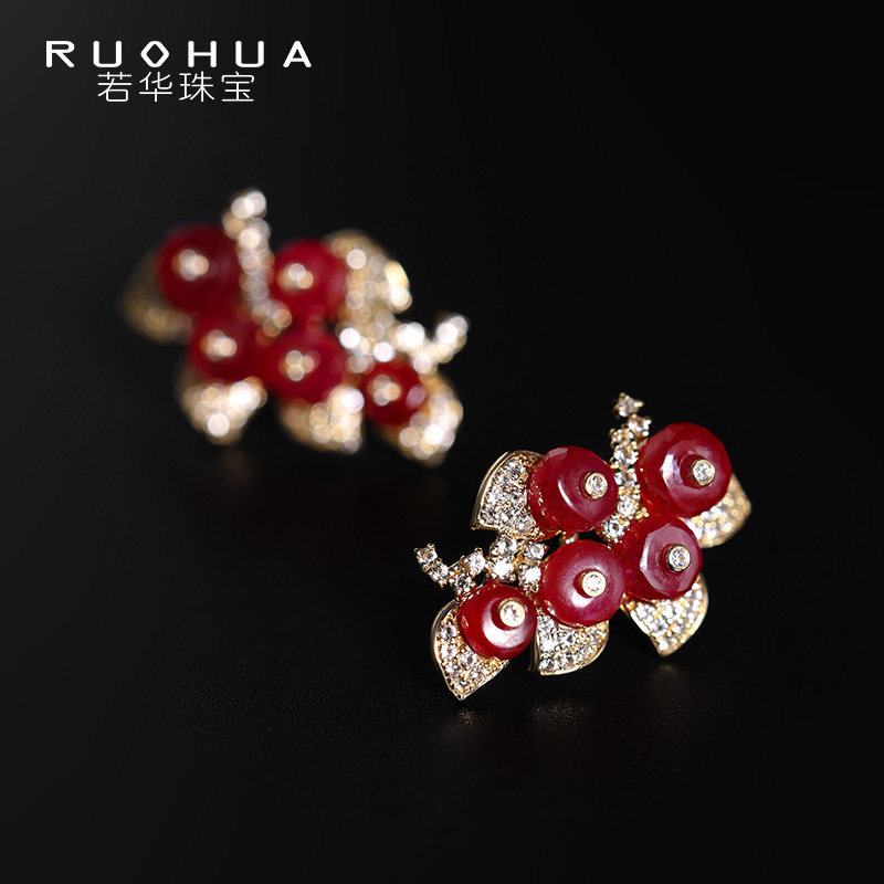 若华珠宝凤尾花#鸽血红宝石耳环女18k金耳钉彩宝耳饰设计款定制