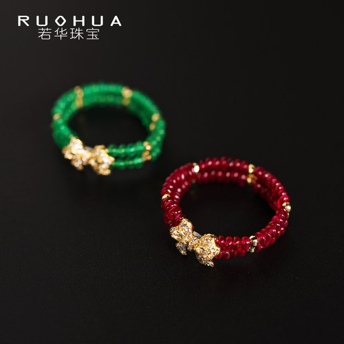 若华珠宝蝶双 祖母绿红宝石戒指18K金材质女蝴蝶结设计彩宝礼物