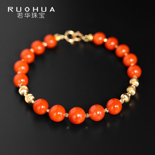 若华珠宝浮世=凉山南红玛瑙手链女18K金玉石手串红绳手饰礼物定制