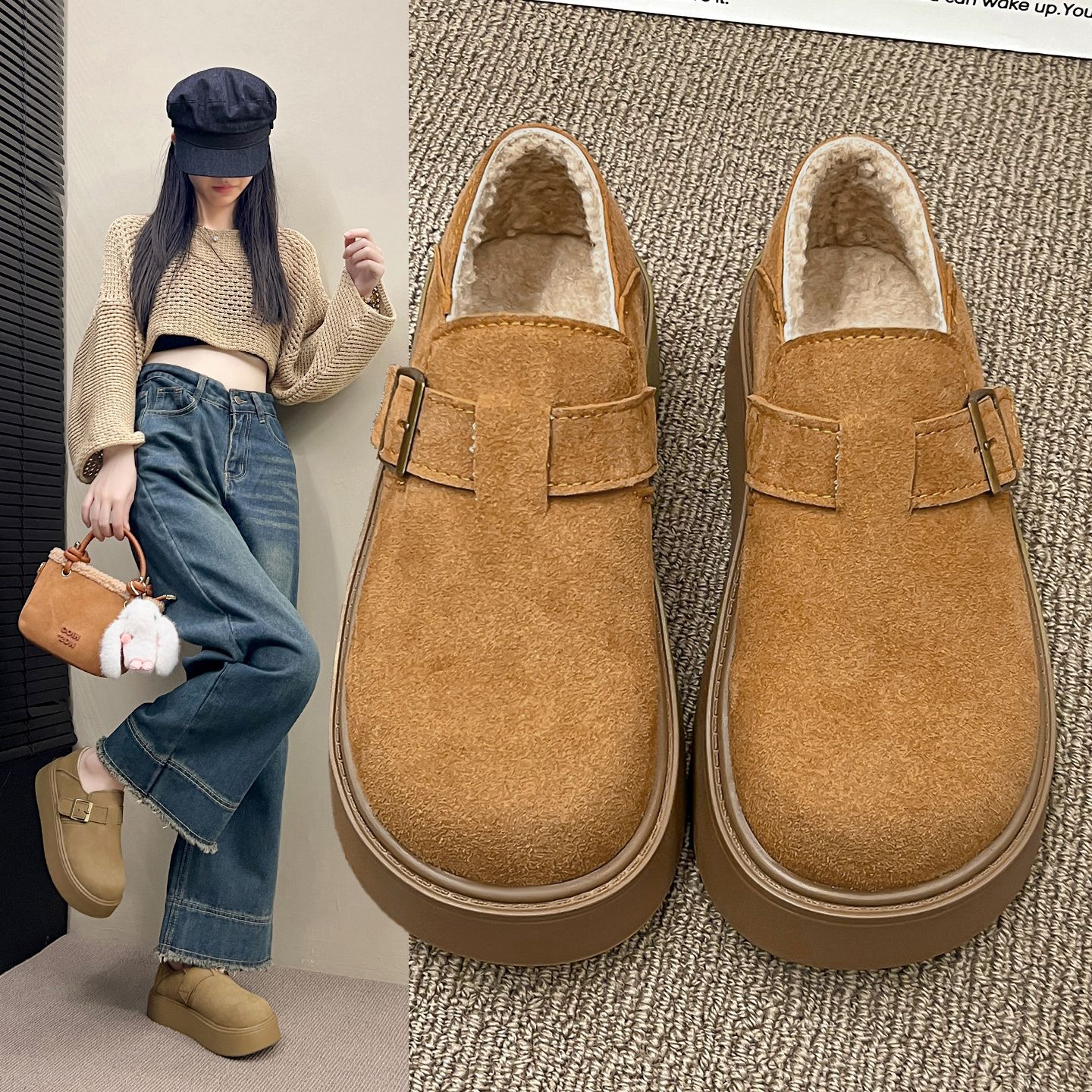 全包勃肯鞋女孕妇加绒保暖毛毛棉鞋2025新款冬季复古乐福鞋女34码