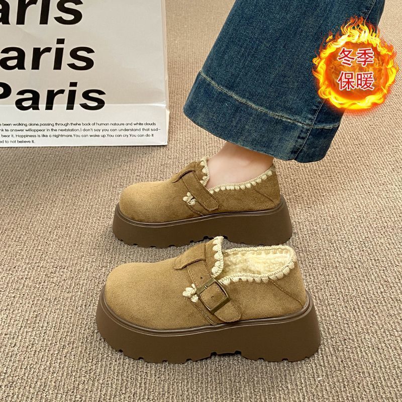 厚底全包勃肯鞋女2025新款冬季爆款魔术贴棉鞋超火增高加绒乐福鞋