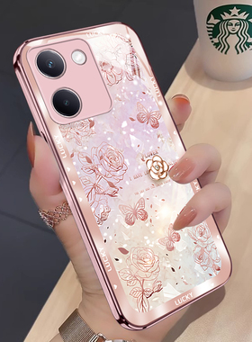 水晶花适用vivoy100手机壳新款vivoy100i/y78/y35保护套红色简约y78+/y35m+全包y76s/y52s女高颜值超薄玻璃壳