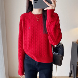 圆领打底衫女内搭毛衣秋冬厚款2025新款绣花修身显瘦麻花针织上衣