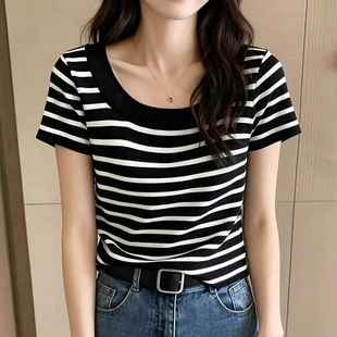 黑白条纹针织衫女款爆款2026新款高级感时髦洋气百搭正肩短袖上衣