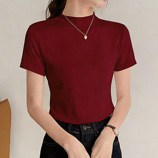 修身显瘦立领短袖t恤女款爆款2026早春新款女装百搭半高领上衣