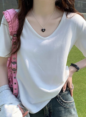 正肩v领短袖t恤女2026年新款夏季胖mm宽松百搭显瘦韩系chic小上衣