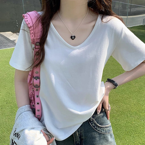 正肩v领短袖t恤女2026年新款夏季胖mm宽松百搭显瘦韩系chic小上衣