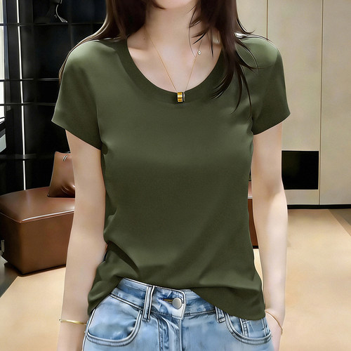 夏季正肩短袖女士爆款2026新款高级感时尚百搭显瘦圆领t恤上衣女