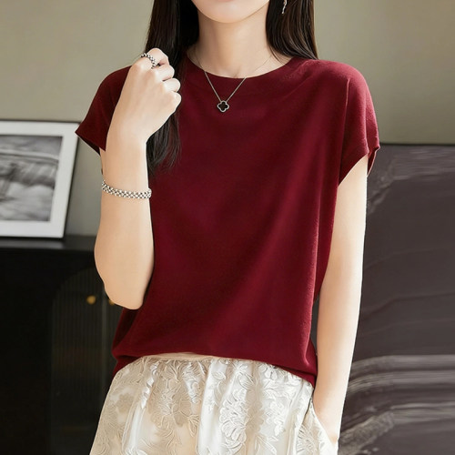 桑蚕丝羊毛上衣女款爆款2026新款高级感显瘦小飞袖圆领t恤女夏装