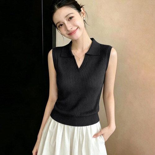 莱赛尔polo领针织背心女外穿2026夏季新款修身显瘦百搭无袖上衣女